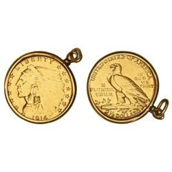 WORLD COINS: UNITED STATES - 2 1/2 Dólares. 1914. AU. Dentro de aro de oro con anilla. Tipo indio. K