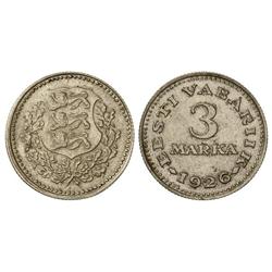 WORLD COINS: ESTONIA - 3 Marka. 1926. Ni y Br. (Golpecitos). KM-6. MBC+. 