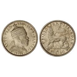 WORLD COINS: ETHIOPIA - 1/4 Birr. EE 1887-A. MENELIK II. AR. (Pequeñas rayitas y golpecitos). KM-3. 
