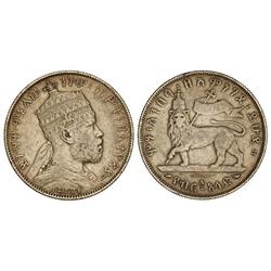 WORLD COINS: ETHIOPIA - 1/2 Birr. EE 1889-A. MENELIK II. AR. (Pequeñas rayitas y golpecitos). KM-4. 