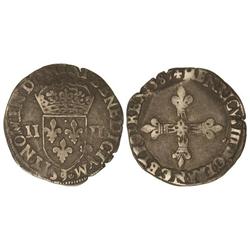 WORLD COINS: FRANCE - 1/4 de Escudo. 1581-G. ENRIQUE III. RENNES. AR. Pátina. MBC+. 