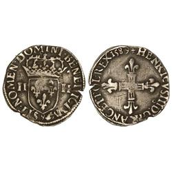 WORLD COINS: FRANCE - 1/4 Escudo. 1589-G. ENRIQUE III. RENNES. AR. MBC-. 