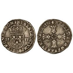 WORLD COINS: FRANCE - 1/4 de Escudo. 1591-L. ENRIQUE IV. BAYONA. AR. MBC. 