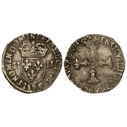 WORLD COINS: FRANCE - 1/4 de Escudo. 1594-G. CARLOS IX. RENNES. AR. (Corrosiones leves). MBC-. 