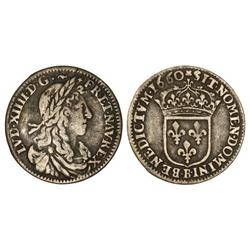 WORLD COINS: FRANCE - 1/12 Ecu. 1660-B. LUIS XIV. ROUEN. AR. KM-199.2. MBC-/MBC. 