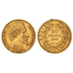 WORLD COINS: FRANCE - 20 Francos. 1855-A. NAPOLEÓN III. AU. (Golpe en canto). KM-781.1. MBC-. 