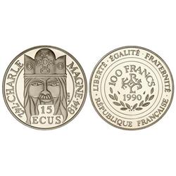 WORLD COINS: FRANCE - 100 Francos-15 Ecu. 1990. AR. Carlomagno. En estuche original. KM-989. PROOF. 