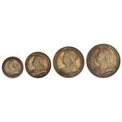 WORLD COINS: GREAT BRITAIN - Serie 4 monedas 1 a 4 Peniques. 1896. VICTORIA. AR. Maundy Set. Pátina.