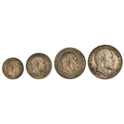 WORLD COINS: GREAT BRITAIN - Serie 4 monedas 1, 2, 3 y 4 Peniques. 1908. EDUARDO VII. AR. Maundy Set