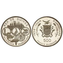 WORLD COINS: GUINEA - 500 Francos. 1970. AR. Olimpiada Munich´72. Tirada: 1.900 piezas. En presentac