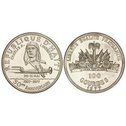 WORLD COINS: HAITI - 100 Gourdes,. 1977. AR. 50 aniversario del 1er vuelo Nueva York-París por Lindb