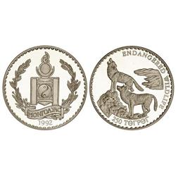 WORLD COINS: MONGOLIA - 250 Tugrik. 1992. AR. Animales en peligro de extinción: lobos. KM-80. PROOF.