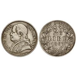 WORLD COINS: VATICAN CITY - 2 1/2 Liras. 1867-XXI R. PÍO IX. AR. KM-1384. MBC+. 