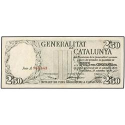 SPANISH BANK NOTES: CIVIL WAR, REPUBLICAN ZONE - 2,50 Pessetes. 25 Setembre 1936. GENERALITAT DE CAT