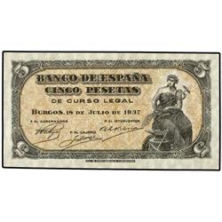 SPANISH BANK NOTES: ESTADO ESPAÑOL - 5 Pesetas. 18 Julio 1937. Portabella. Serie B. Ed-D25a. MBC+. 