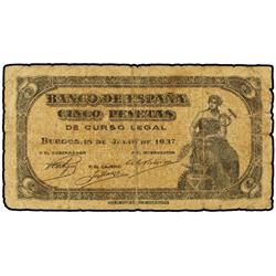 SPANISH BANK NOTES: ESTADO ESPAÑOL - 5 Pesetas. 18 Julio 1937. Serie C. (Roturas. Sucio). Ed-D25a. B