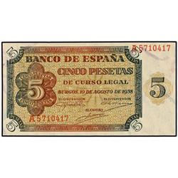 SPANISH BANK NOTES: ESTADO ESPAÑOL - 5 Pesetas. 10 Agosto 1938. Serie A. Ed-D36. SC. 