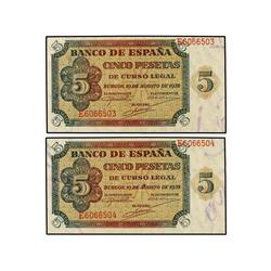 SPANISH BANK NOTES: ESTADO ESPAÑOL - Lote 2 billetes 5 Pesetas. 10 Agosto 1938. Serie E. Pareja corr