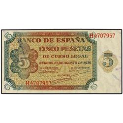 SPANISH BANK NOTES: ESTADO ESPAÑOL - 5 Pesetas. 10 Agosto 1938. Serie H. Ed-D36a. EBC. 