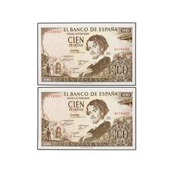 SPANISH BANK NOTES: ESTADO ESPAÑOL - Lote 2 billetes 100 Pesetas. 19 Noviembre 1965. Bécquer. Sin Se