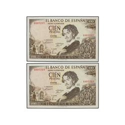 SPANISH BANK NOTES: ESTADO ESPAÑOL - Lote 2 billetes 100 Pesetas. 19 Noviembre 1965. Bécquer. Sin Se