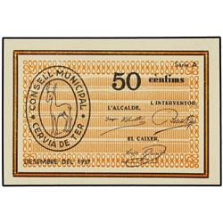 PAPER MONEY OF THE CIVIL WAR: CATALUNYA - 50 Cèntims. Desembre 1937. C.M. de CERVIÀ DE TER. AT-819; 