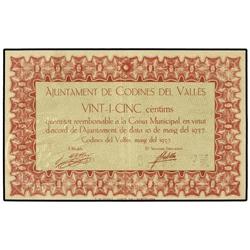 PAPER MONEY OF THE CIVIL WAR: CATALUNYA - 25 Cèntims. Maig 1937. Aj. de CODINES DEL VALLÈS. AT-841; 