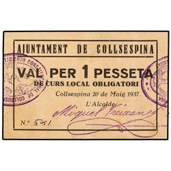 PAPER MONEY OF THE CIVIL WAR: CATALUNYA - 1 Pesseta. 20 Maig 1937. Aj. de COLLSESPINA. Cartón. Firma