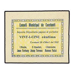 PAPER MONEY OF THE CIVIL WAR: CATALUNYA - 25 Cèntims. 20 Abril 1937. C.M. de CONSTANTÍ. (Restos de a