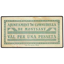 PAPER MONEY OF THE CIVIL WAR: CATALUNYA - 1 Pesseta. S/F. Aj. de CORNUDELLA DE MONTSANT. Serie A. MU