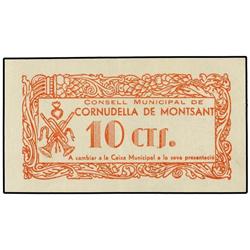 PAPER MONEY OF THE CIVIL WAR: CATALUNYA - 10 Cèntims. S/F. C.M. de CORNUDELLA DE MONTSANT. MUY RARO.