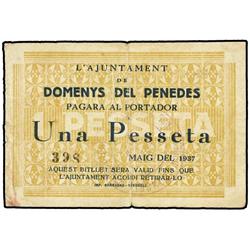 PAPER MONEY OF THE CIVIL WAR: CATALUNYA - 1 Pesseta. Maig 1937. Aj. de DOMENYS DEL PENEDÈS. (Pequeña