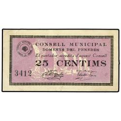 PAPER MONEY OF THE CIVIL WAR: CATALUNYA - 25 Cèntims. Setembre 1937. C.M. de DOMENYS DEL PENEDÉS. AT