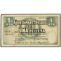 PAPER MONEY OF THE CIVIL WAR: CATALUNYA - 1 Pesseta. 12 Maig 1937. Aj. de DOSRIUS. (Manchitas). AT-9