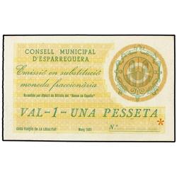 PAPER MONEY OF THE CIVIL WAR: CATALUNYA - 1 Pesseta. Març 1937. C.M. d´ESPARRAGUERA. AT-934d; T-1072