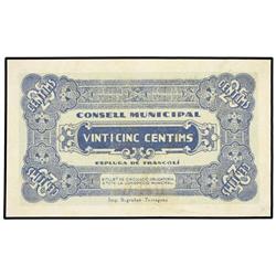 PAPER MONEY OF THE CIVIL WAR: CATALUNYA - 25 Cèntims. 14 Maig 1937. C.M. d´ESPLUGA DE FRANCOLÍ. (Peq