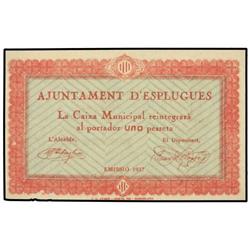 PAPER MONEY OF THE CIVIL WAR: CATALUNYA - 1 Pesseta. 1937. Aj. d´ESPLUGUES. AT-958c; T-1100c. SC. 