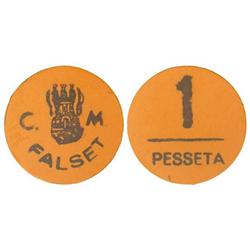 PAPER MONEY OF THE CIVIL WAR: CATALUNYA - 1 Pesseta. S/F. C.M. de FALSET. Celuloide naranja. AT-975b