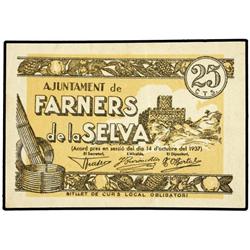PAPER MONEY OF THE CIVIL WAR: CATALUNYA - 25 Cèntims. 14 Octubre 1937. Aj. de FARNERS DE LA SELVA. A