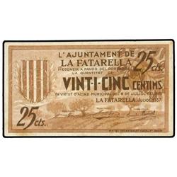 PAPER MONEY OF THE CIVIL WAR: CATALUNYA - 25 Cèntims. 6 Juliol 1937. Aj. de LA FATARELLA. (Restos de