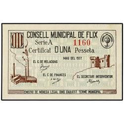 PAPER MONEY OF THE CIVIL WAR: CATALUNYA - 1 Pesseta. Maig 1937. C.M. de FLIX. (Algo sucio). ESCASO. 