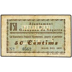 PAPER MONEY OF THE CIVIL WAR: CATALUNYA - 50 Cèntims. Maig 1937. Aj. de GRANYENA DE SEGARRA. (Sucio)