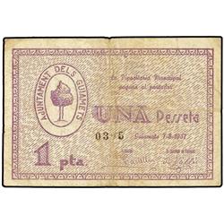 PAPER MONEY OF THE CIVIL WAR: CATALUNYA - 1 Pesseta. 7 Agost 1937. Aj. dels GUIAMETS. (Sucio). AT-12