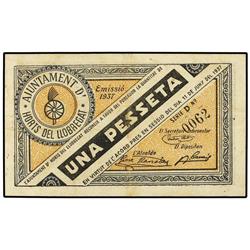 PAPER MONEY OF THE CIVIL WAR: CATALUNYA - 1 Pesseta. 11 Juny 1937. Aj. d´HORTS DEL LLOBREGAT. Serie 