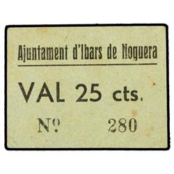 PAPER MONEY OF THE CIVIL WAR: CATALUNYA - 25 Cèntims. Aj. d´IBARS DE NOGUERA. Cartulina. (Manchitas)