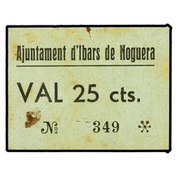 PAPER MONEY OF THE CIVIL WAR: CATALUNYA - 25 Cèntims. S/F. Aj. d´IBARS DE NOGUERA. (Manchitas). RARO