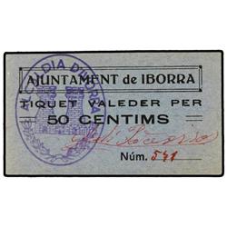 PAPER MONEY OF THE CIVIL WAR: CATALUNYA - 50 Cèntims. S/F. Aj. de IBORRA. Cartón. MUY ESCASO. AT-127
