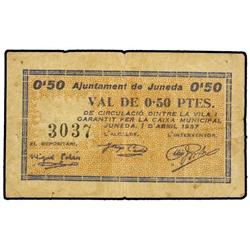 PAPER MONEY OF THE CIVIL WAR: CATALUNYA - 0,50 Pessetes. 1 Abril 1937. Aj. de JUNEDA. MUY ESCASO. AT