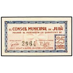 PAPER MONEY OF THE CIVIL WAR: CATALUNYA - 25 Cèntims. 1 Juny 1937. C.M. de JUIÀ. ESCASO. AT-1286; T-