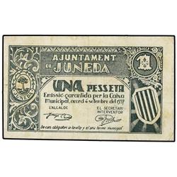 PAPER MONEY OF THE CIVIL WAR: CATALUNYA - 1 Pesseta. 4 Setembre 1937. Aj. de JUNEDA. ESCASO. AT-1293